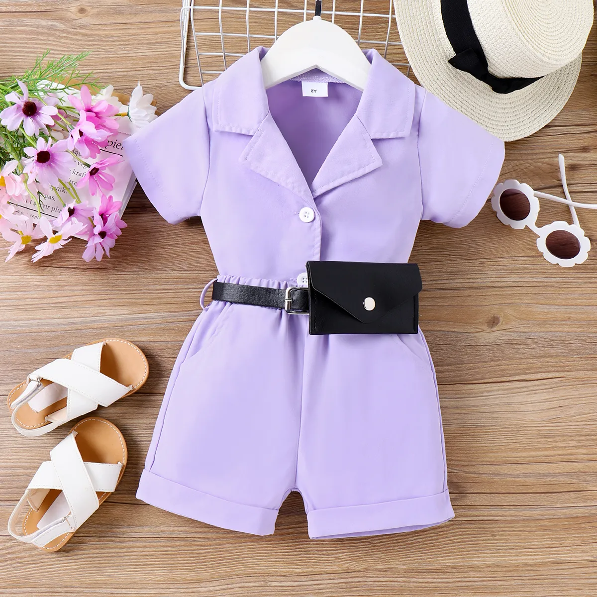3pcs Toddler Girl Fanny Pack & Purple Short-sleeve Shirt and Shorts Set  Purple image 3