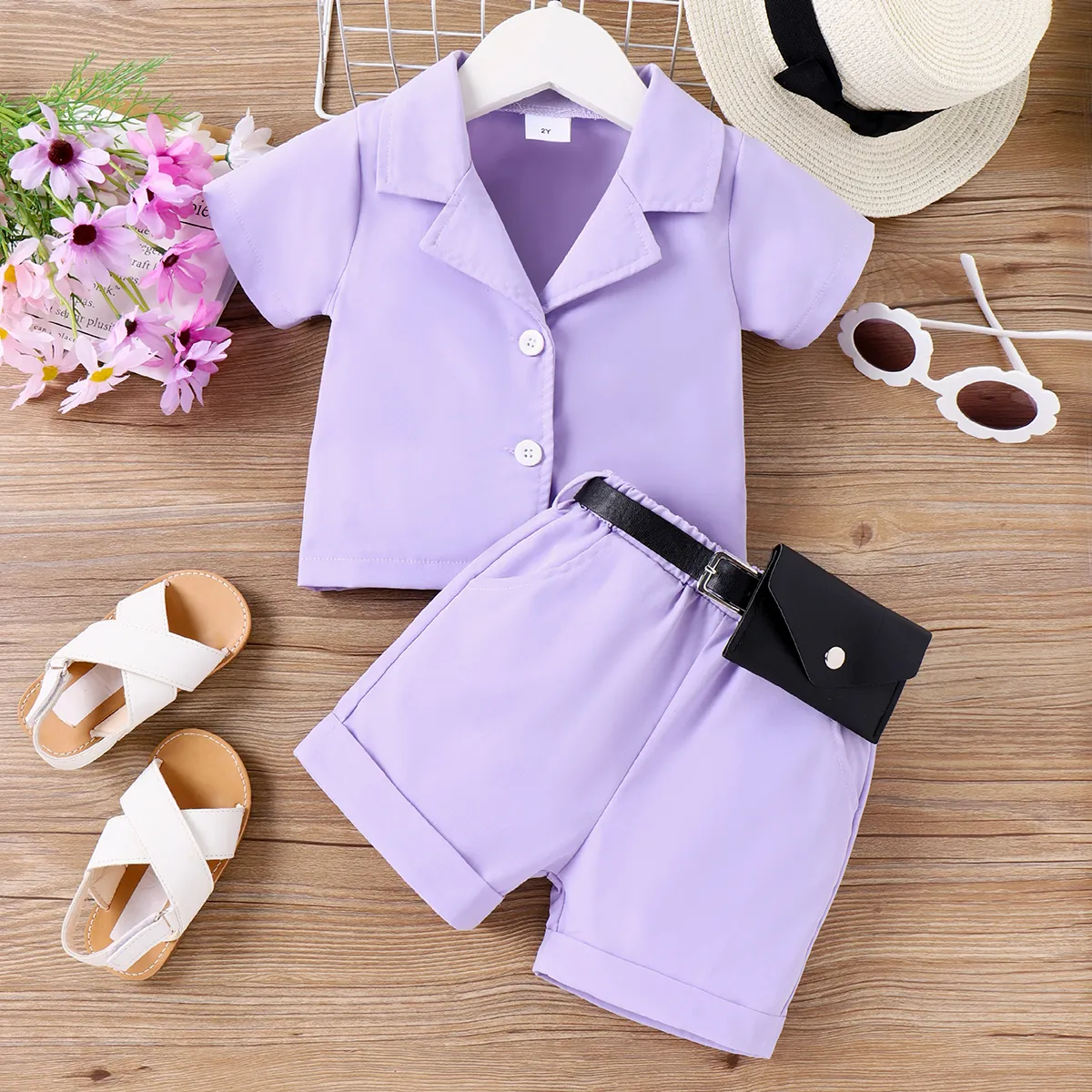 3pcs Toddler Girl Fanny Pack & Purple Short-sleeve Shirt and Shorts Set  Purple big image 1