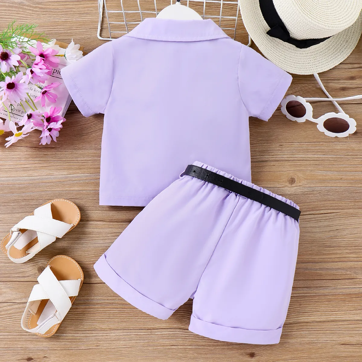 3pcs Toddler Girl Fanny Pack & Purple Short-sleeve Shirt and Shorts Set  Purple image 2
