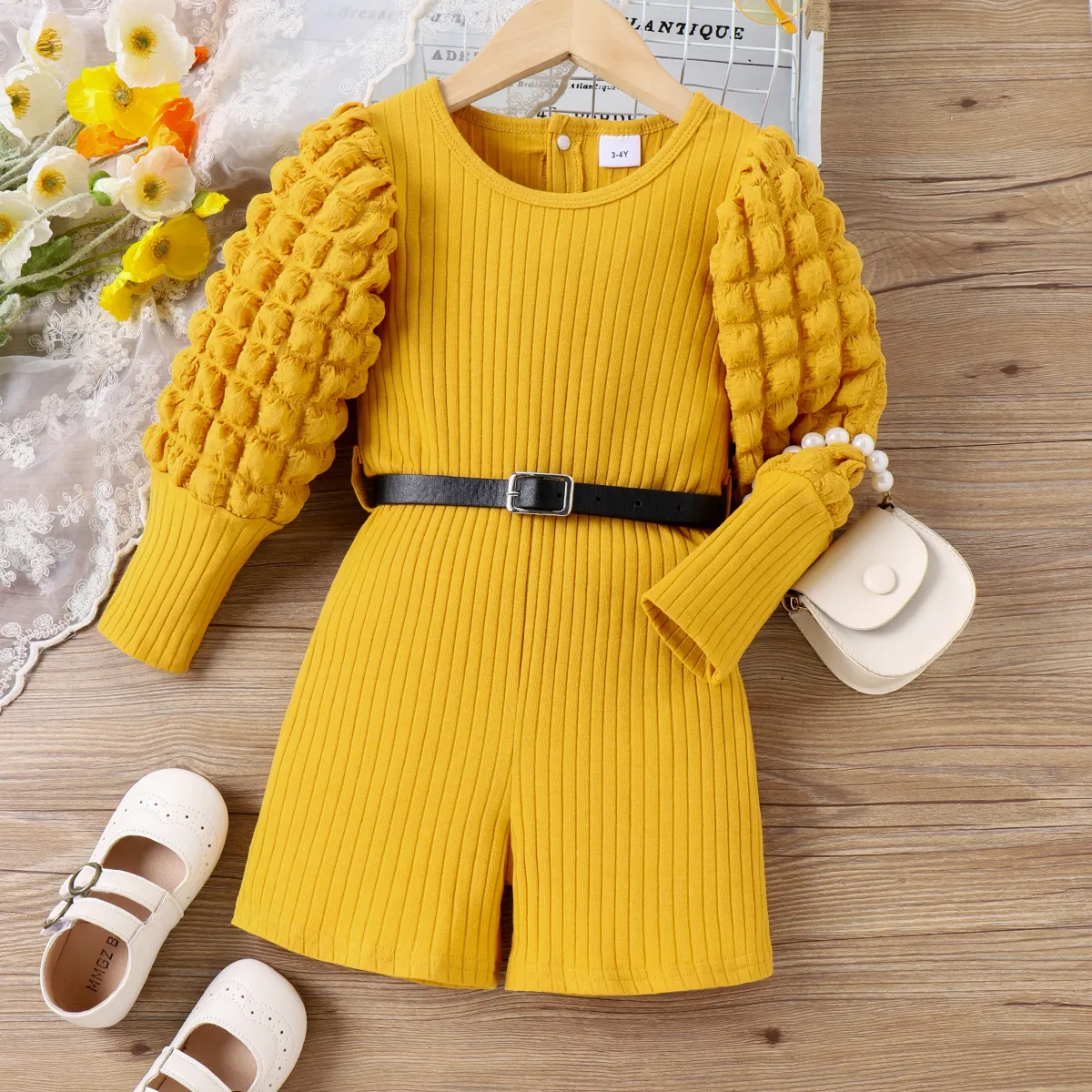 Toddler Girl 95% Cotton Ribbed Belted Solid Romper   big image 1