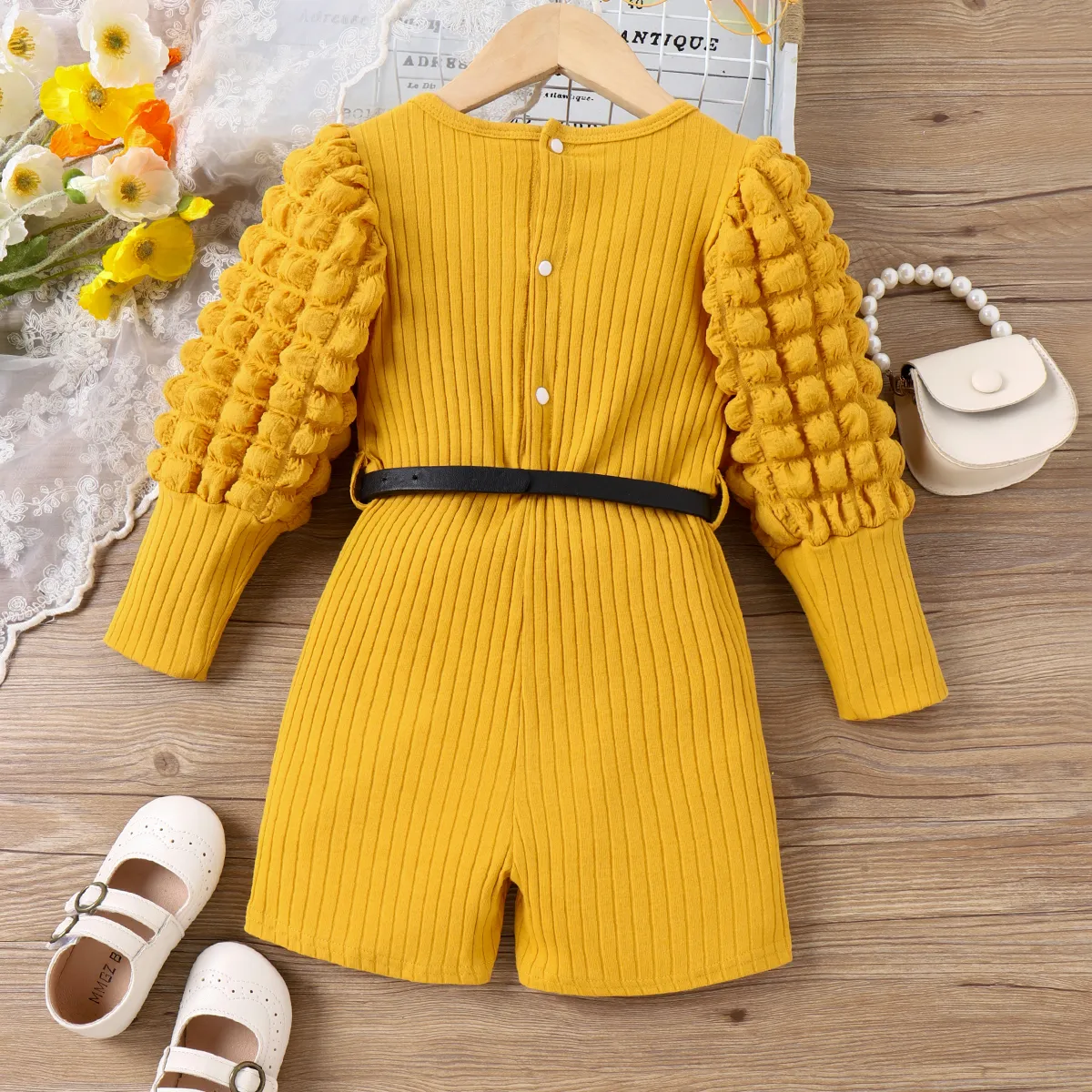 Toddler Girl 95% Cotton Ribbed Belted Solid Romper   image 5