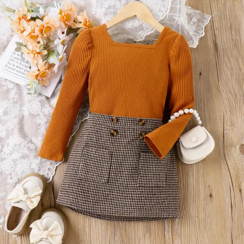 2pcs Toddler Girl 95% Cotton Ribbed Square Collar Long-sleeve Top and Pockets Houndstooth Skirt Set