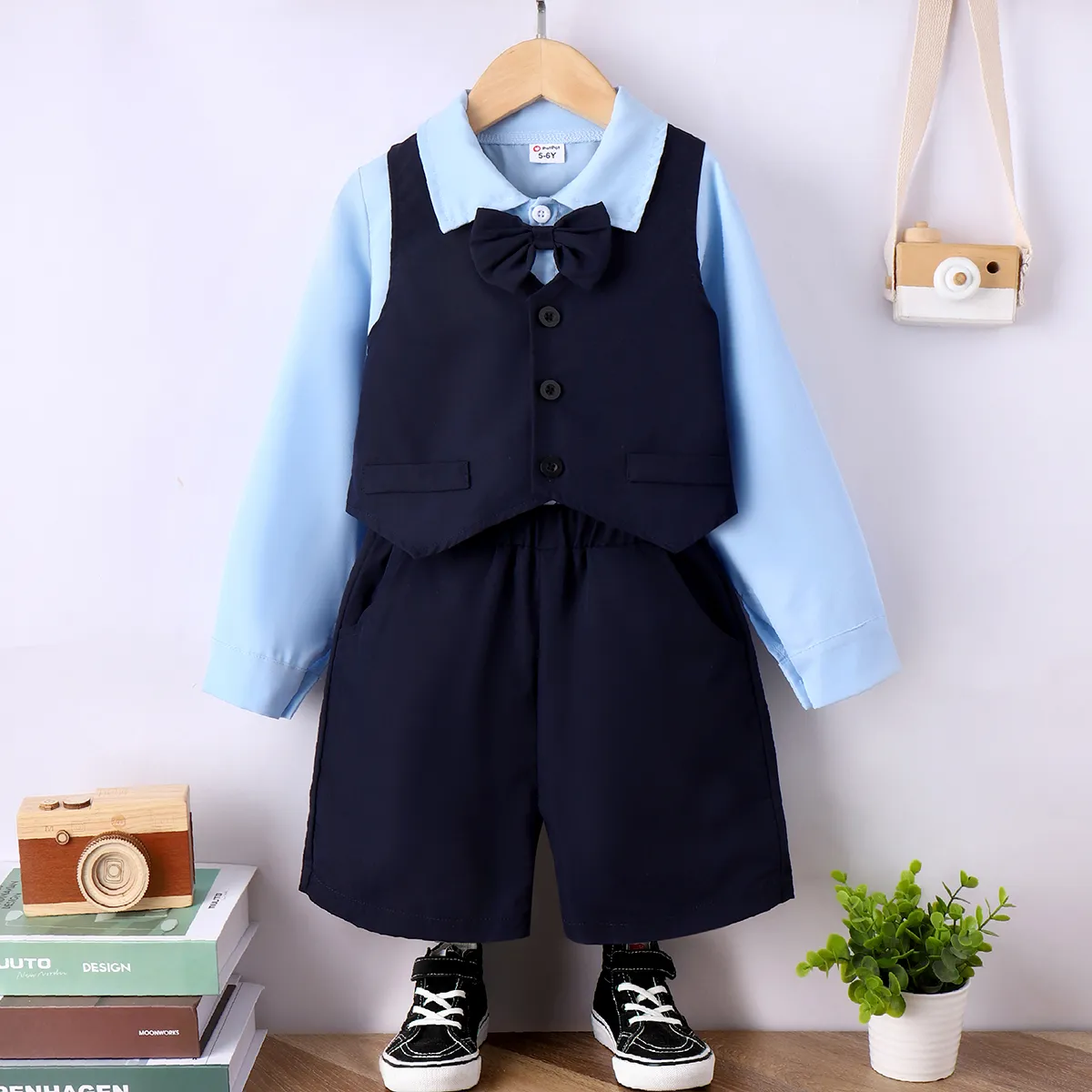 3pcs Kid Boy Vest Blazer & Shorts & Bow Tie Shirt Set