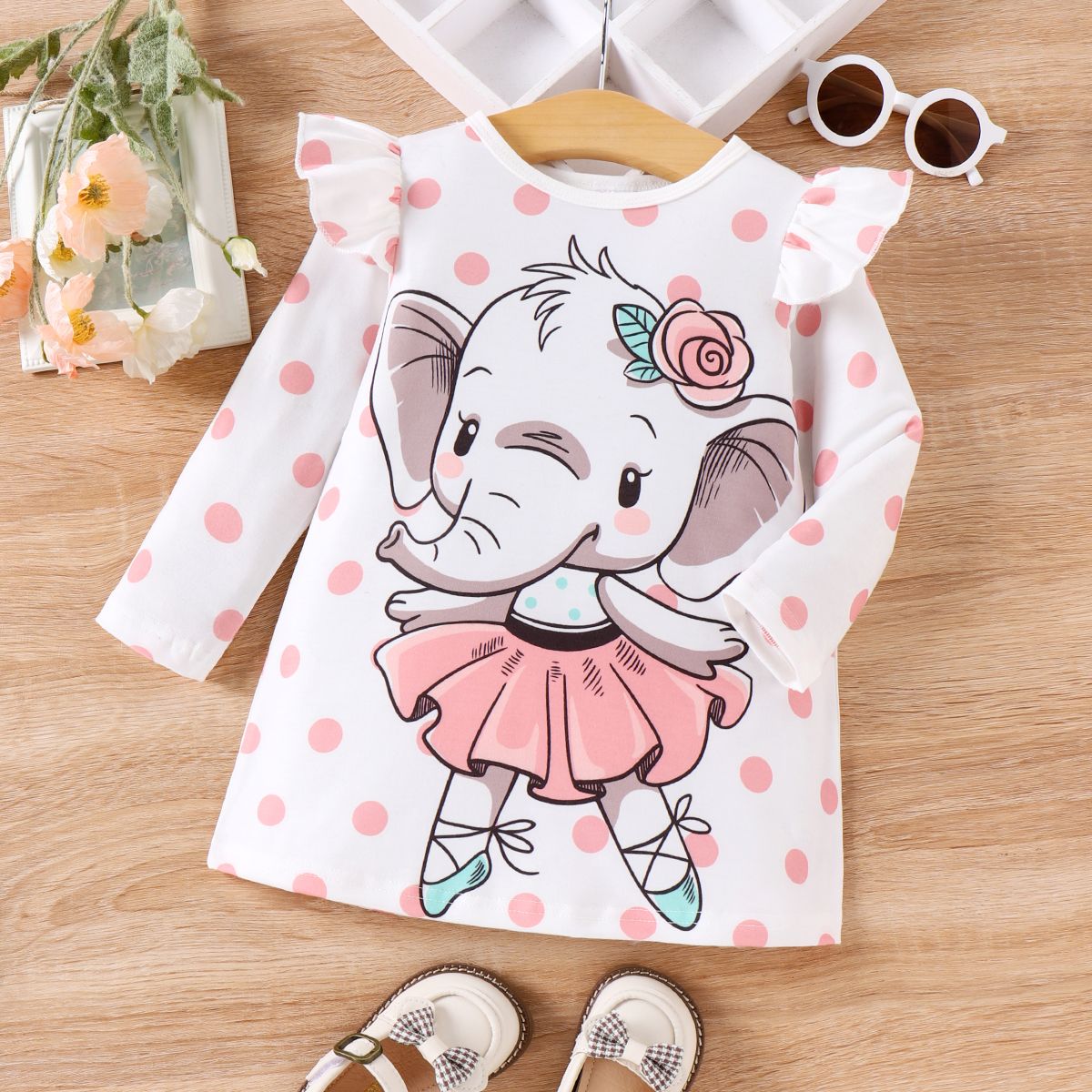 Baby Girl Polka Dots & Elephant Print Ruffled Long-sleeve Dress