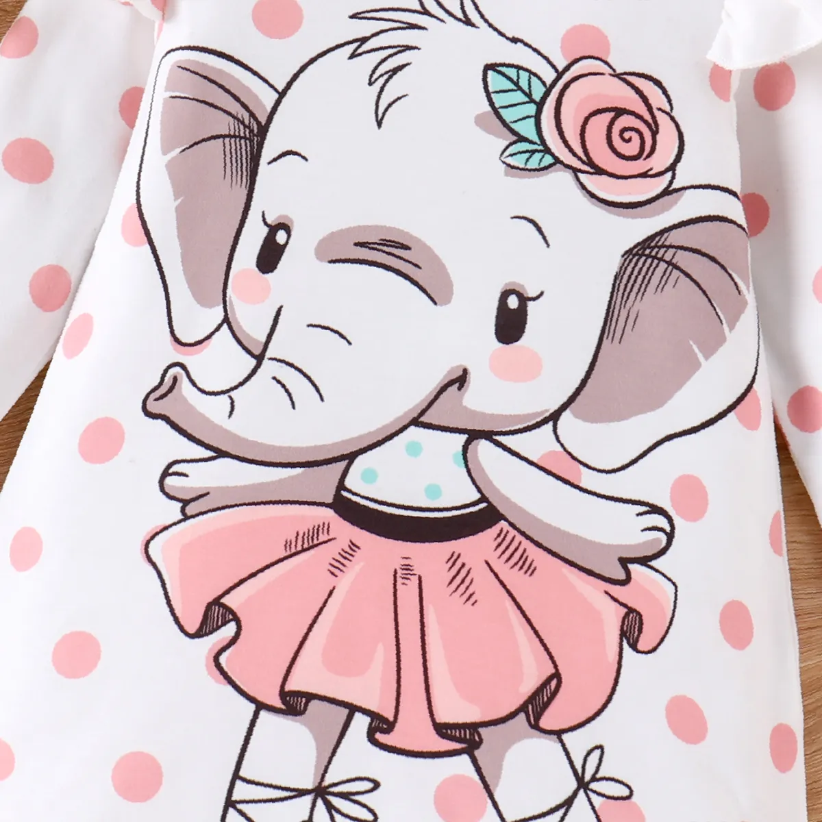 Baby Girl Polka Dots & Elephant Print Ruffled Long-sleeve Dress  Pink big image 1