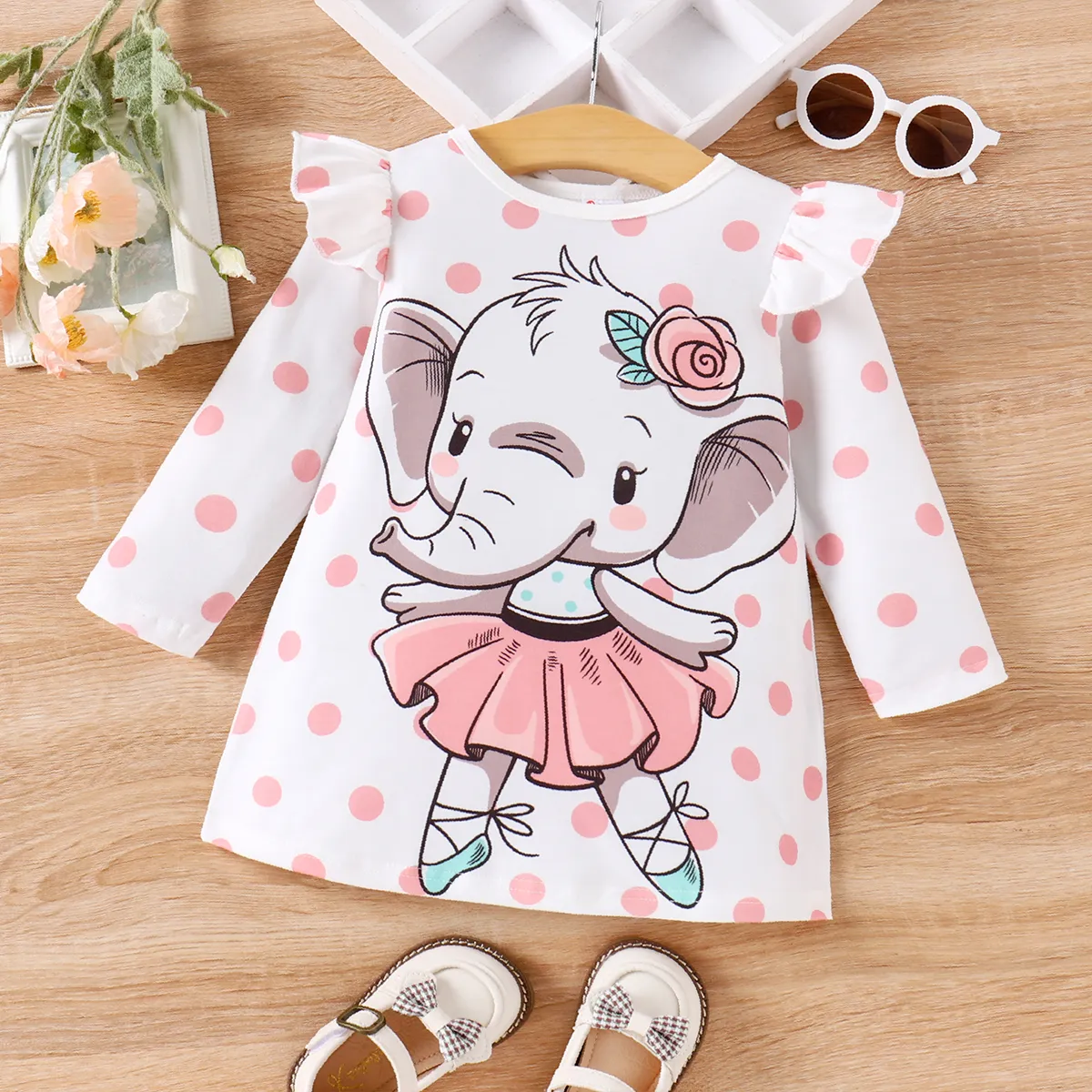 Baby Girl Elephant Print Ruffled Long-sleeve Dress / Bodysuit Sets Pink-A big image 1