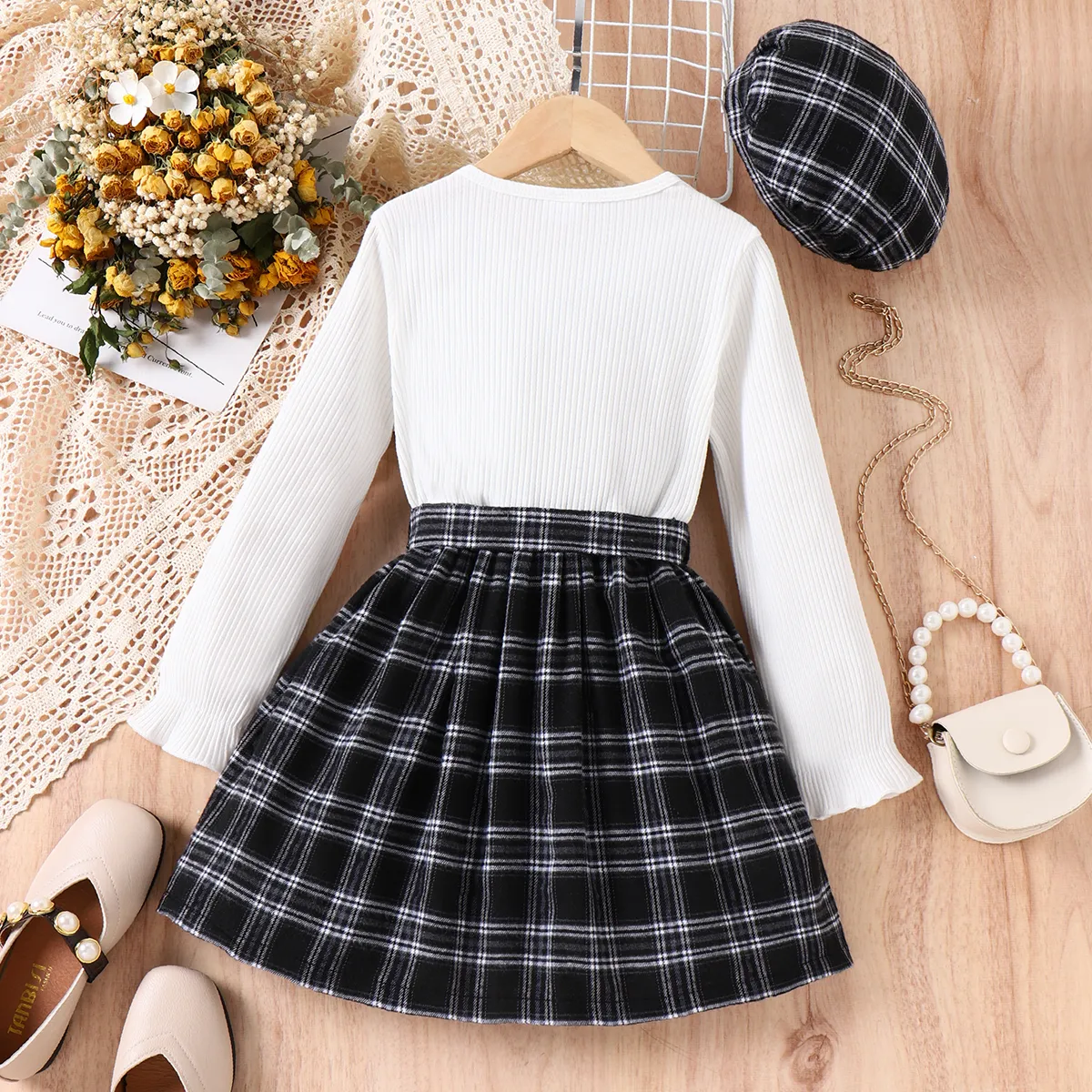 2pcs Kid Girl Rib-knit Plaid Panel 2 In 1 Long-sleeve Dress and Hat Set  image 2