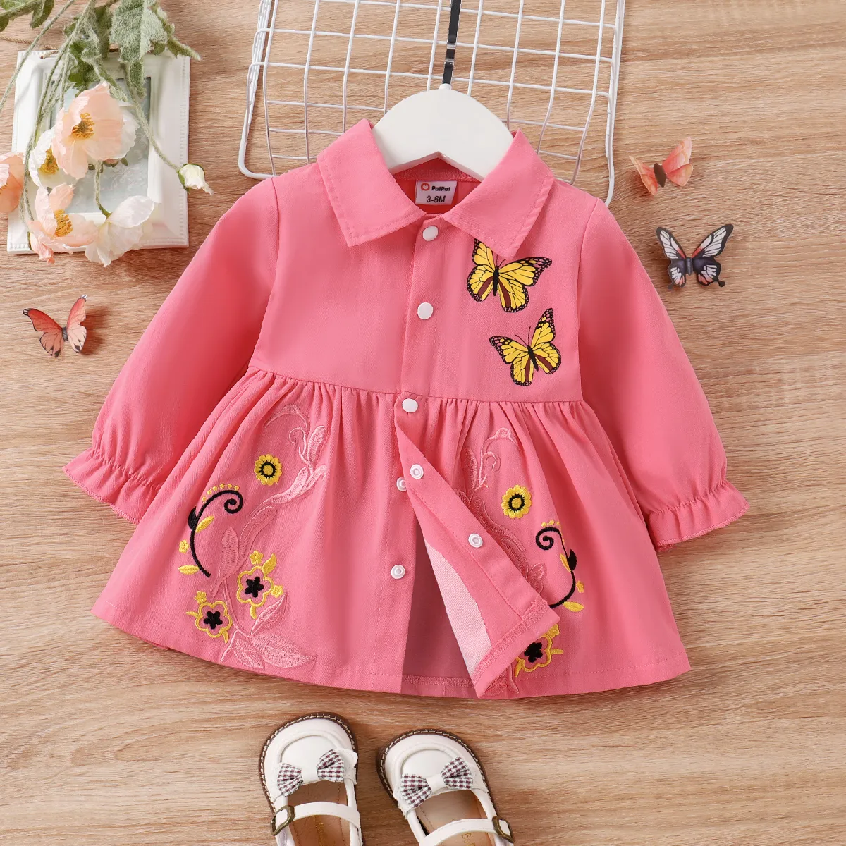 100% Cotton Baby Girl Butterfly Graphic Floral Embroidered Button Up Coat   Pink image 2