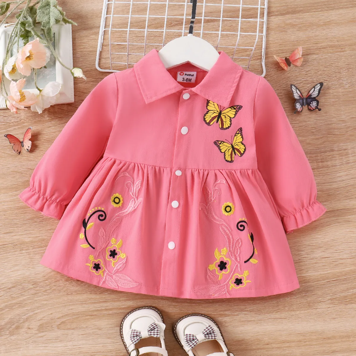 100% Cotton Baby Girl Butterfly Graphic Floral Embroidered Button Up Coat   Pink big image 1
