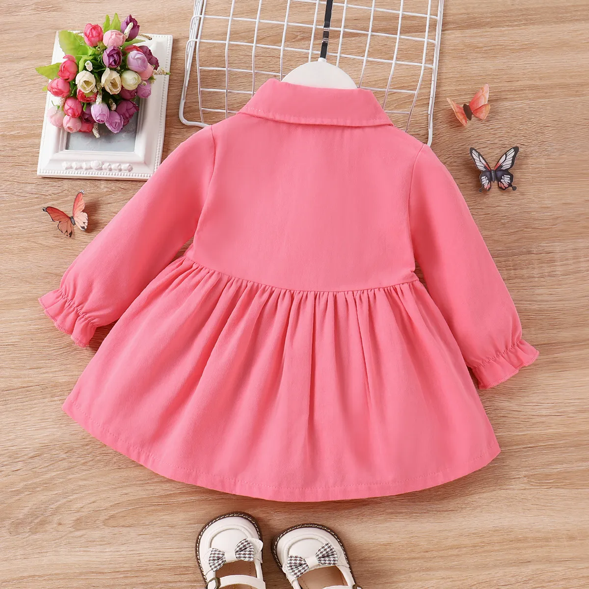 100% Cotton Baby Girl Butterfly Graphic Floral Embroidered Button Up Coat   Pink image 3