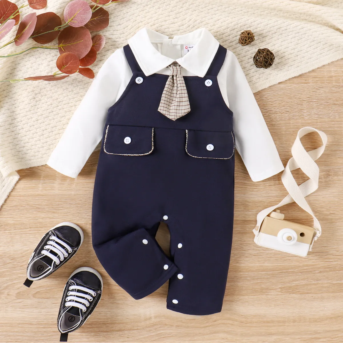 2pcs Baby Boy Tie Lapel Collar Long-sleeve Top And Overalls Set