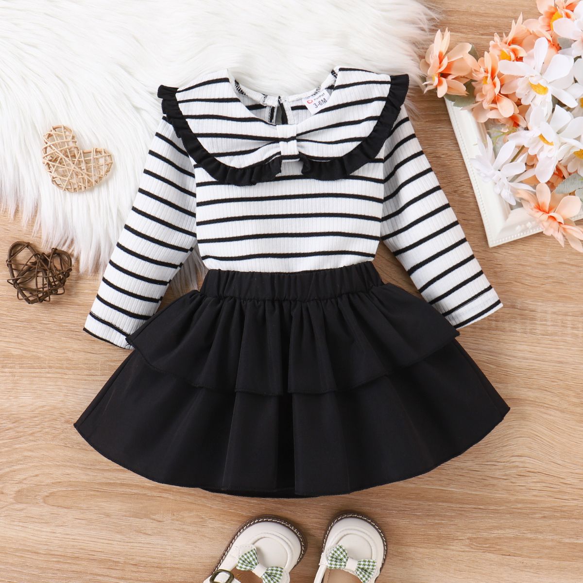 

2pcs Baby Girl Stripe Statement Collar Long-sleeve Top and Layered Skirt Set