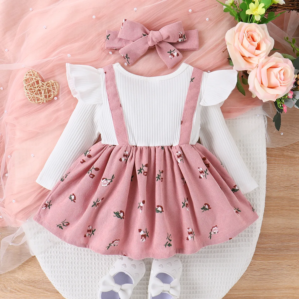 2pcs Baby Girl Floral Print Combo Dress with Headband Set   ColorBlock big image 1