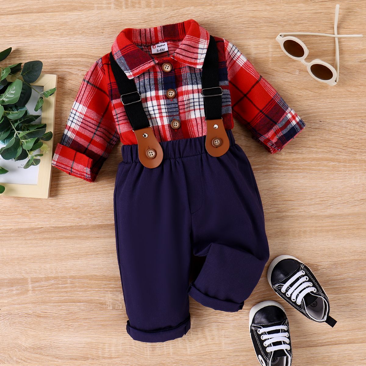 

2pcs Baby Boy Plaid Long-sleeve Shirt and 100% Cotton Suspender Pants Set