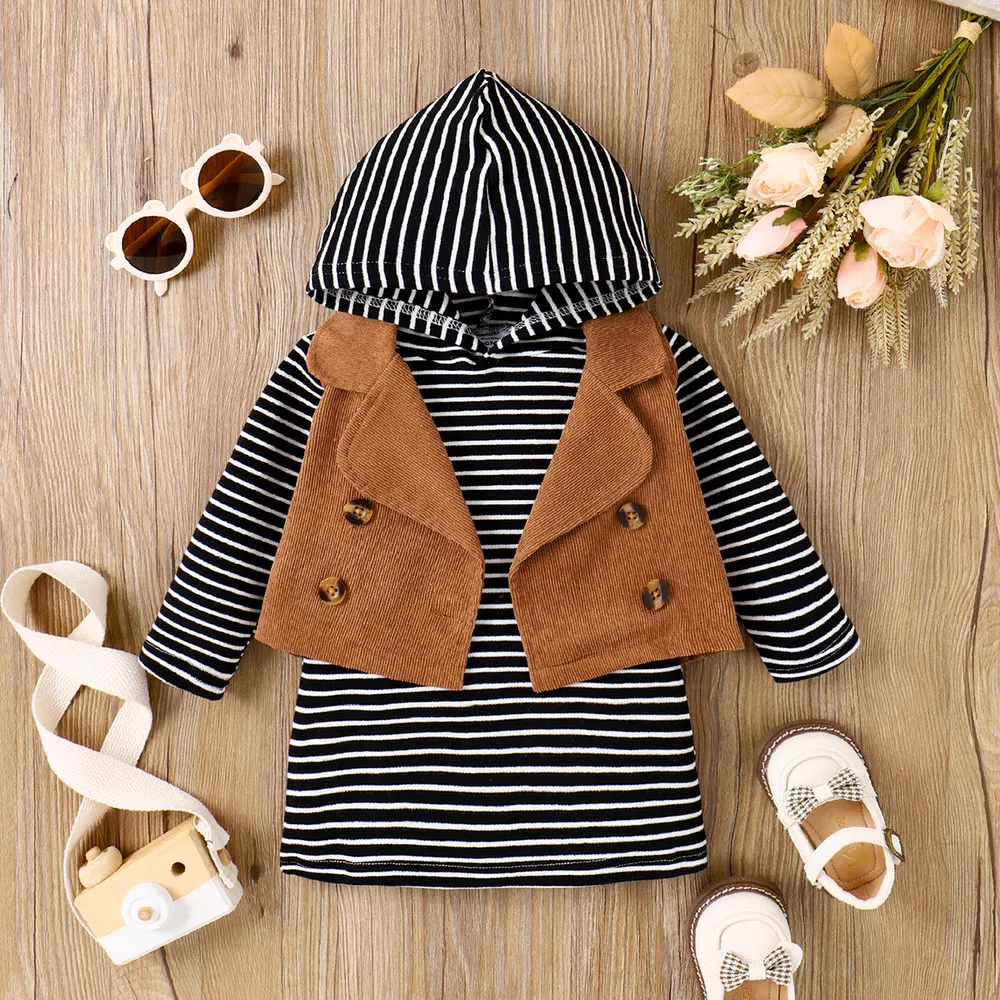 2pcs Baby Girl Stripe Long-sleeve Hooded Dress and Vest Jacket Set big image 2