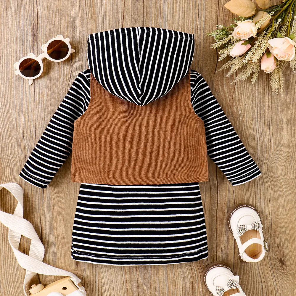 2pcs Baby Girl Stripe Long-sleeve Hooded Dress and Vest Jacket Set big image 3