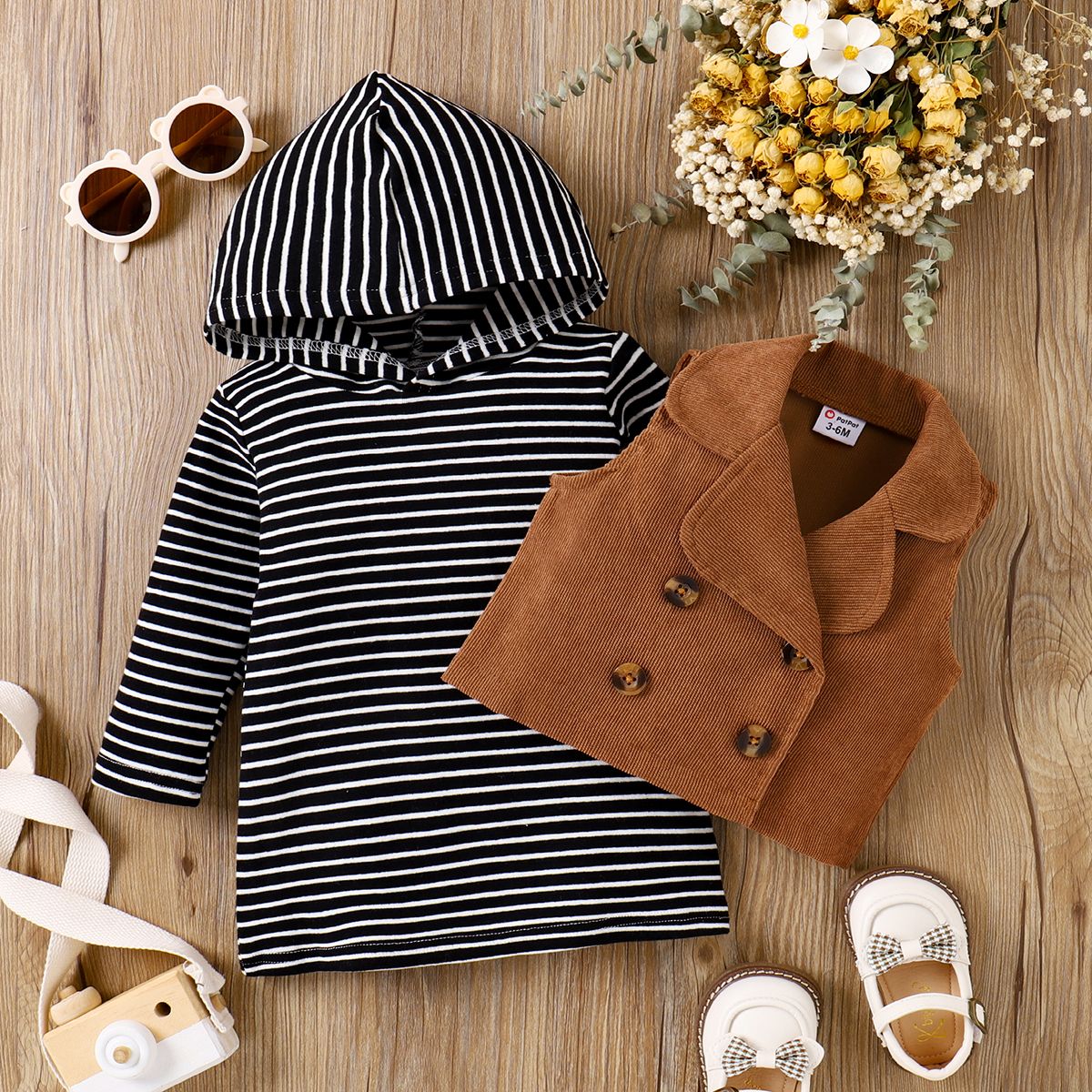 2pcs Baby Girl Stripe Long-sleeve Hooded Dress and Vest Jacket Set
