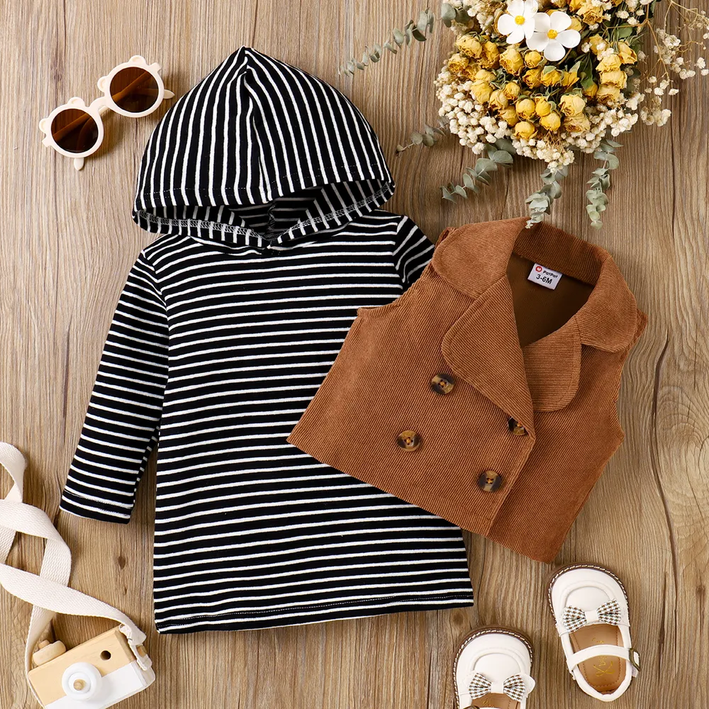 2pcs Baby Girl Stripe Long-sleeve Hooded Dress and Vest Jacket Set    big image 1