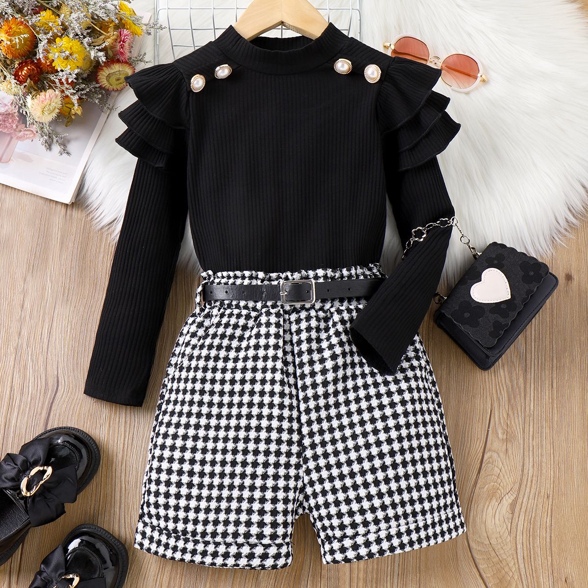 2pcs Kid Girl 95% Cotton Ruffle Rib-knit Top and Houndstooth Belted Shorts Set
