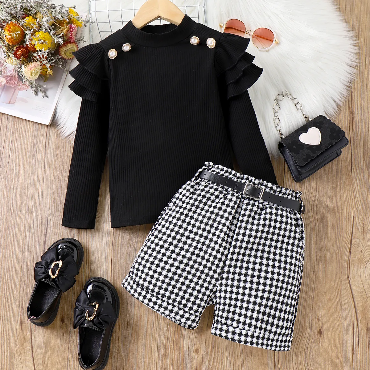 2pcs Kid Girl 95% Cotton Ruffle Rib-knit Top and Houndstooth Belted Shorts Set  image 6