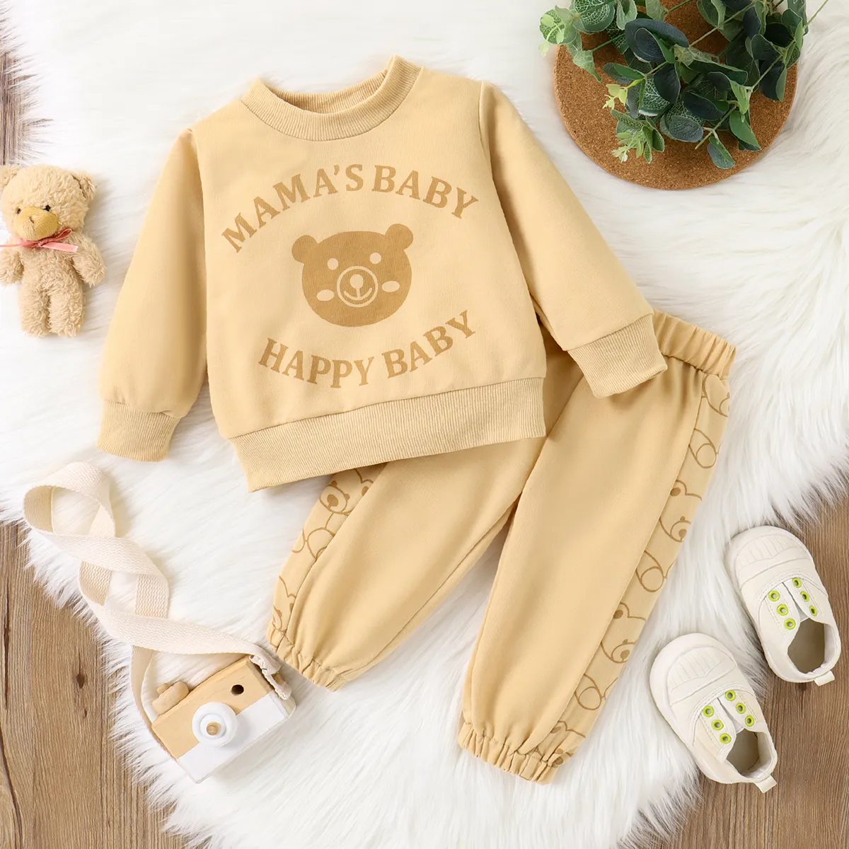 2pcs Baby Boy/Girl Bear & Letters Print Long-sleeve Sweatshirt and Pants Set  big image 1