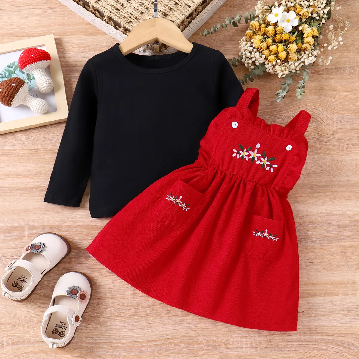 2pcs Baby Girl Floral Embroidered Corduroy Cami Dress and Solid Long-sleeve Top Set  Burgundy image 2
