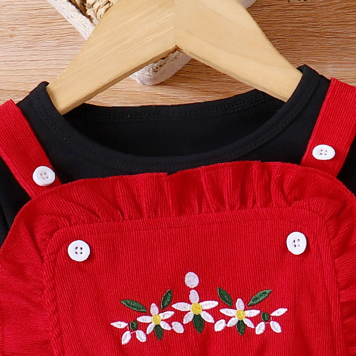 2pcs Baby Girl Floral Embroidered Corduroy Cami Dress and Solid Long-sleeve Top Set  Burgundy image 5