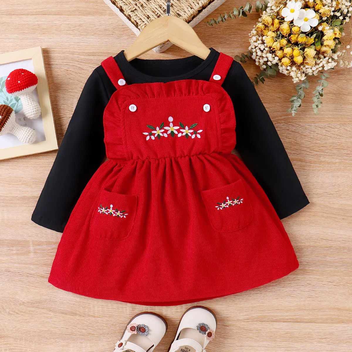 2pcs Baby Girl Floral Embroidered Corduroy Cami Dress and Solid Long-sleeve Top Set  Burgundy big image 1