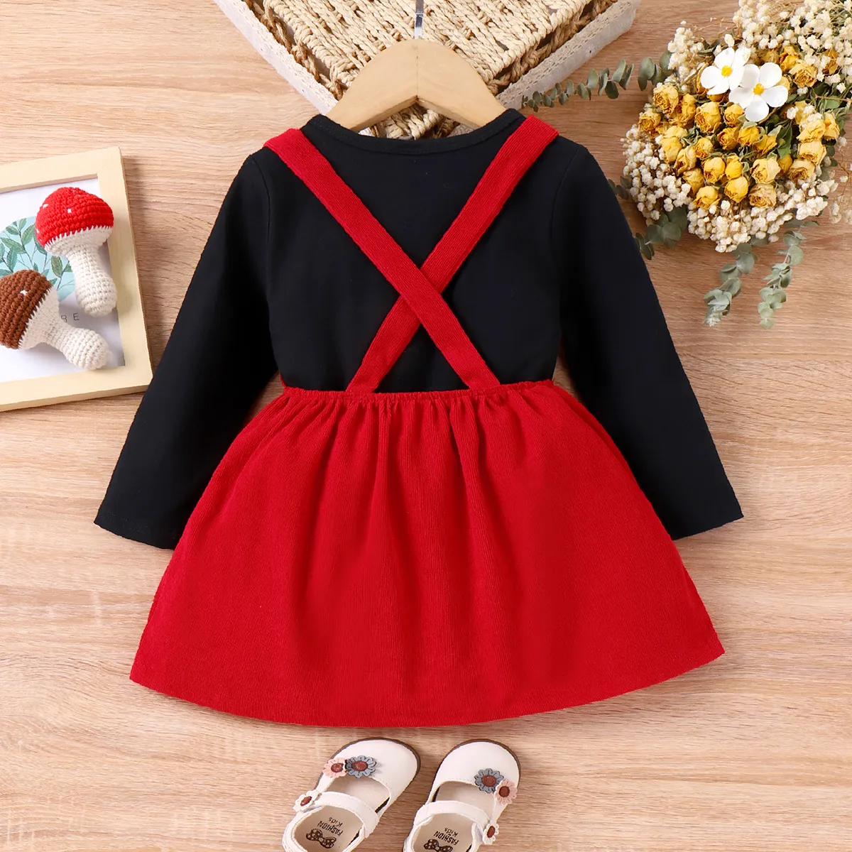 2pcs Baby Girl Floral Embroidered Corduroy Cami Dress and Solid Long-sleeve Top Set  Burgundy image 3