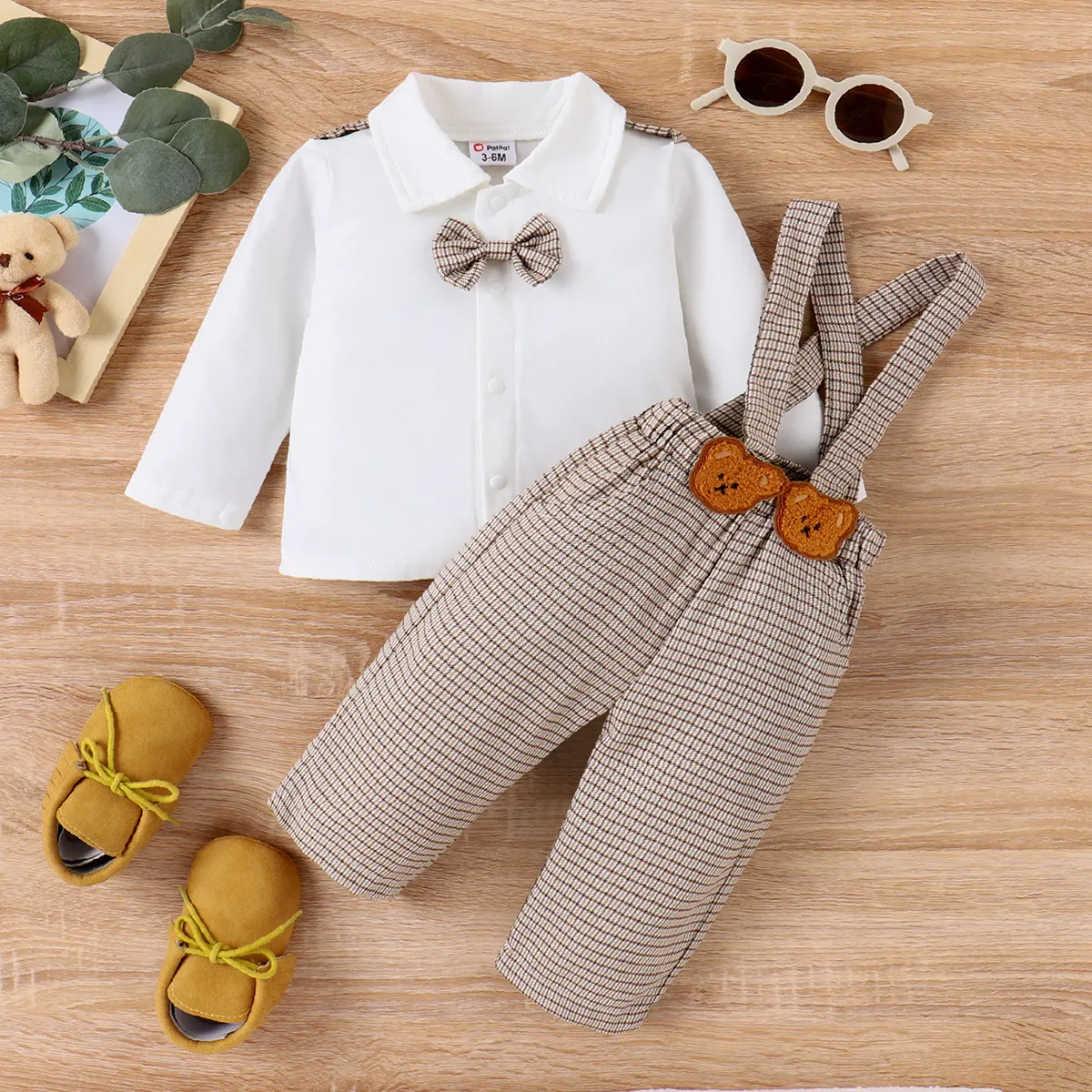 2pcs Baby Boy Plaid Bow Tie Long-sleeve Shirt and Bear Embroidery Plaid Suspender Pants Set Brown image 2
