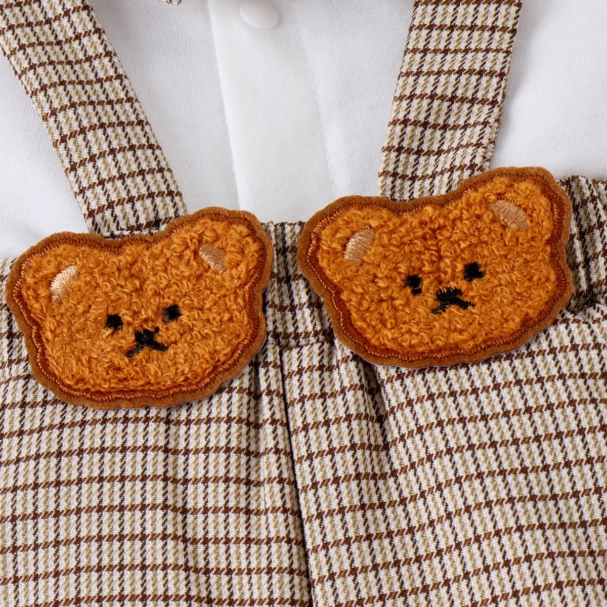 2pcs Baby Boy Plaid Bow Tie Long-sleeve Shirt and Bear Embroidery Plaid Suspender Pants Set Brown image 4