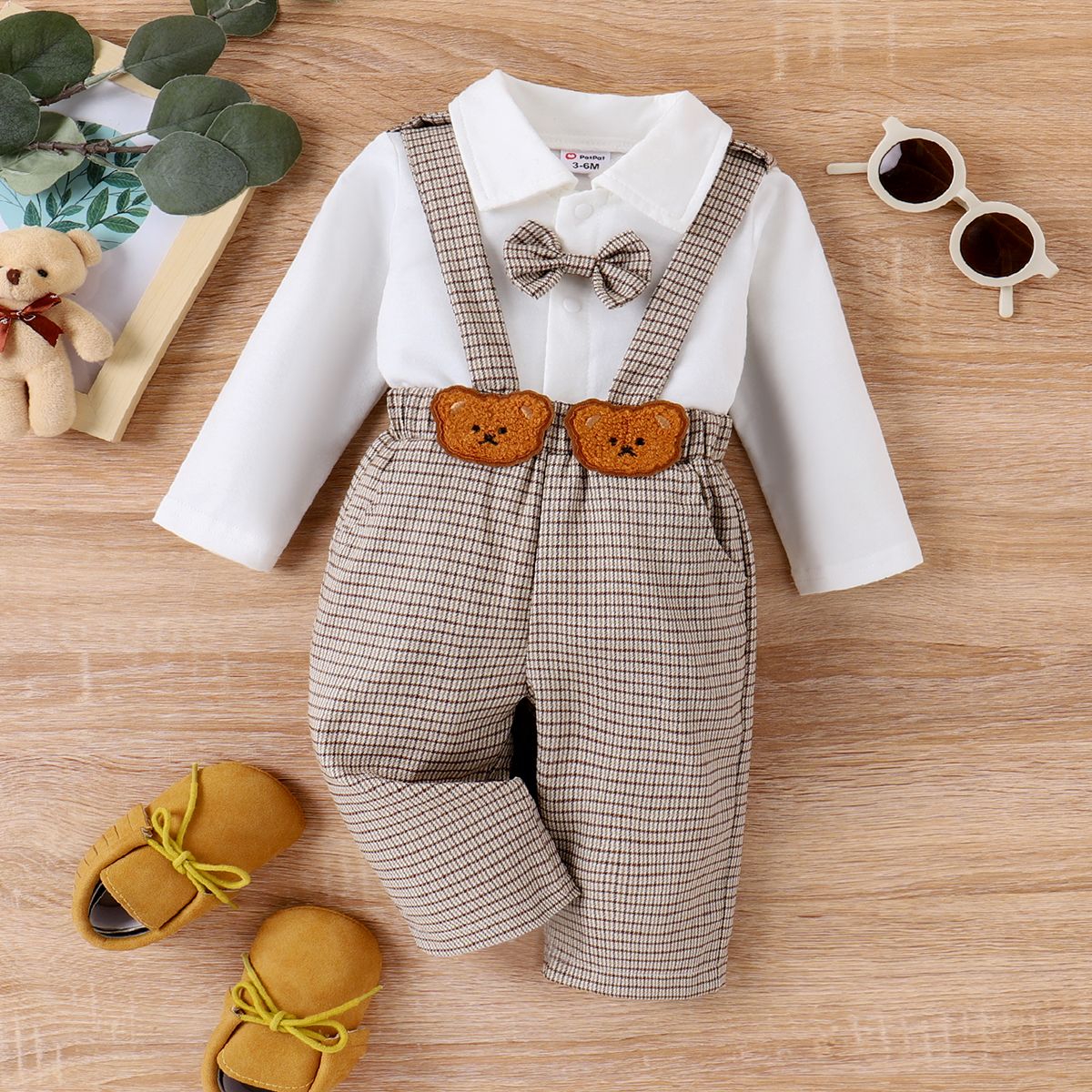 2pcs Baby Boy Plaid Bow Tie Long-sleeve Shirt and Bear Embroidery Plaid Suspender Pants Set