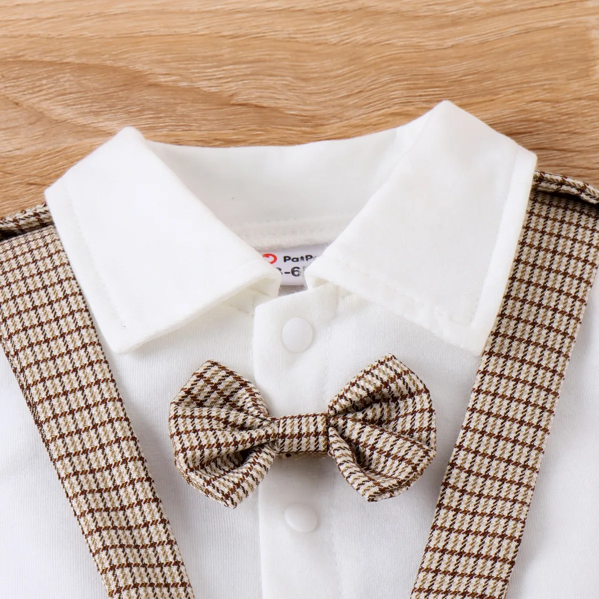 2pcs Baby Boy Plaid Bow Tie Long-sleeve Shirt and Bear Embroidery Plaid Suspender Pants Set Brown big image 1