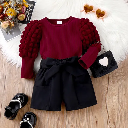 2pcs Toddler Girl Textured Puff Sleeve Rib-knit Top and Belted Shorts Set