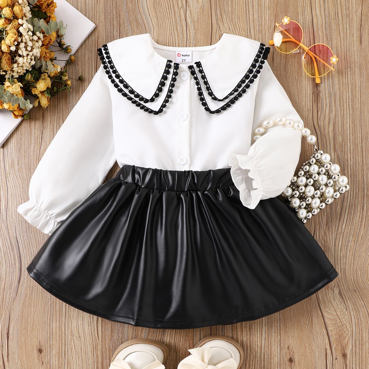 

2pcs Toddler Girl Statement Collar Long-sleeve Top and PU Skirt Set