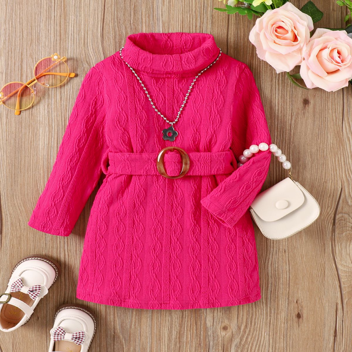 

Baby Girl Belted Texture Solid Long-sleeve Dress