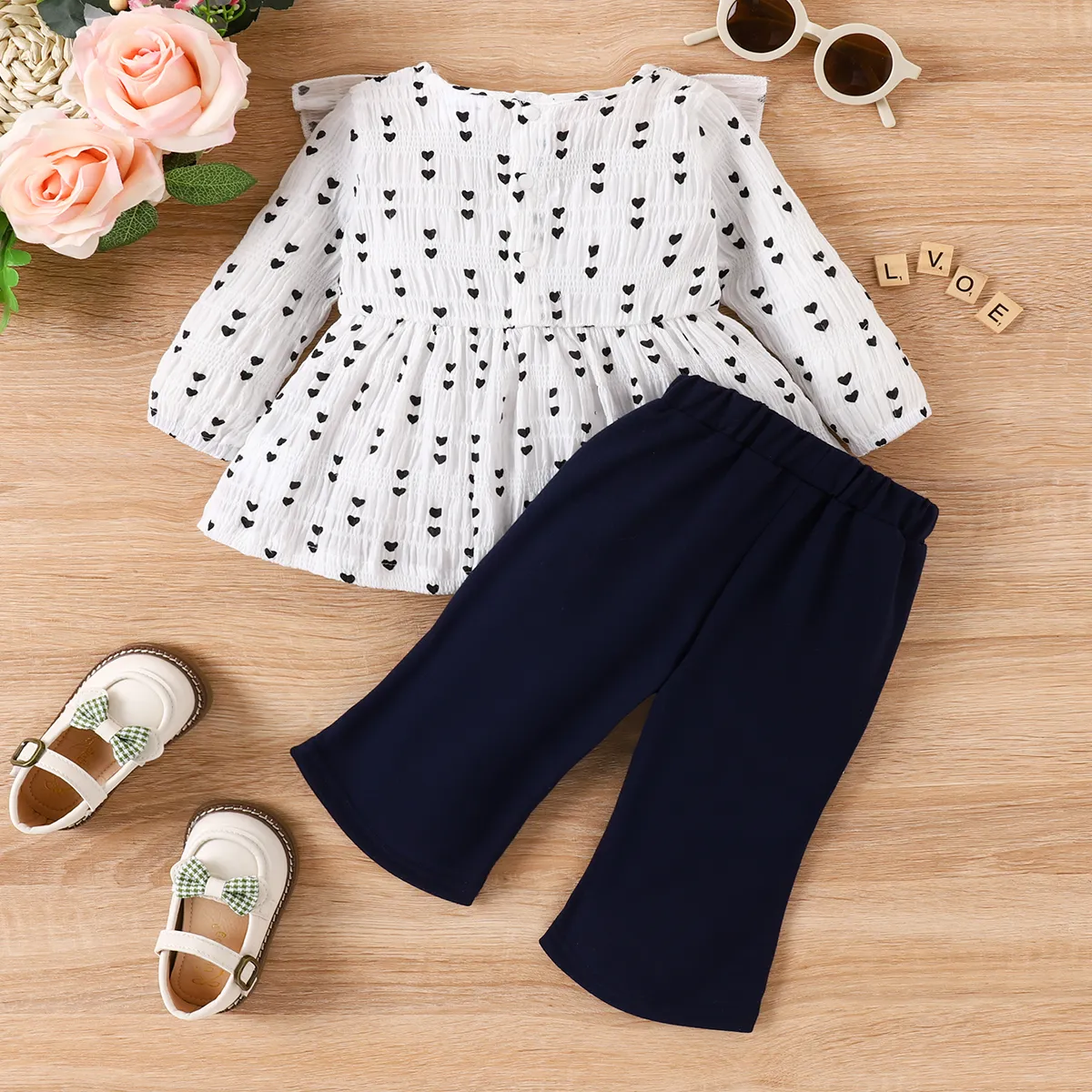 2pcs Baby Girl Sweet Heart-shaped Print Ruffle Edge Set White image 6