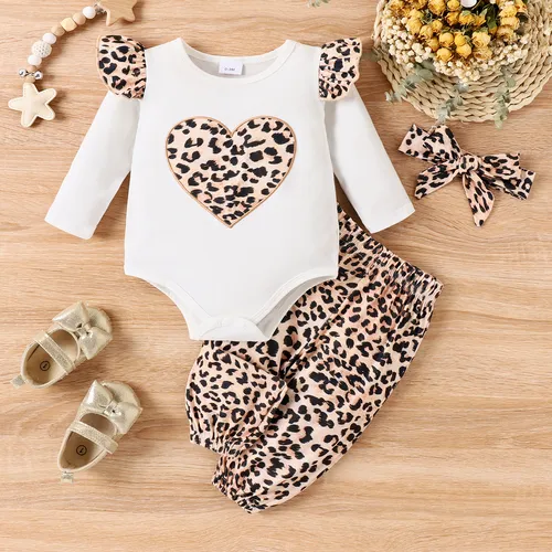 3pcs Baby Girl Leopard Heart Embroidered Onesies & Leopard Pants & Headband Set 