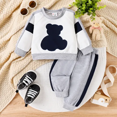 2pcs Baby Boy Bear Embroidered Pullover Sweatshirt and Pants Set 