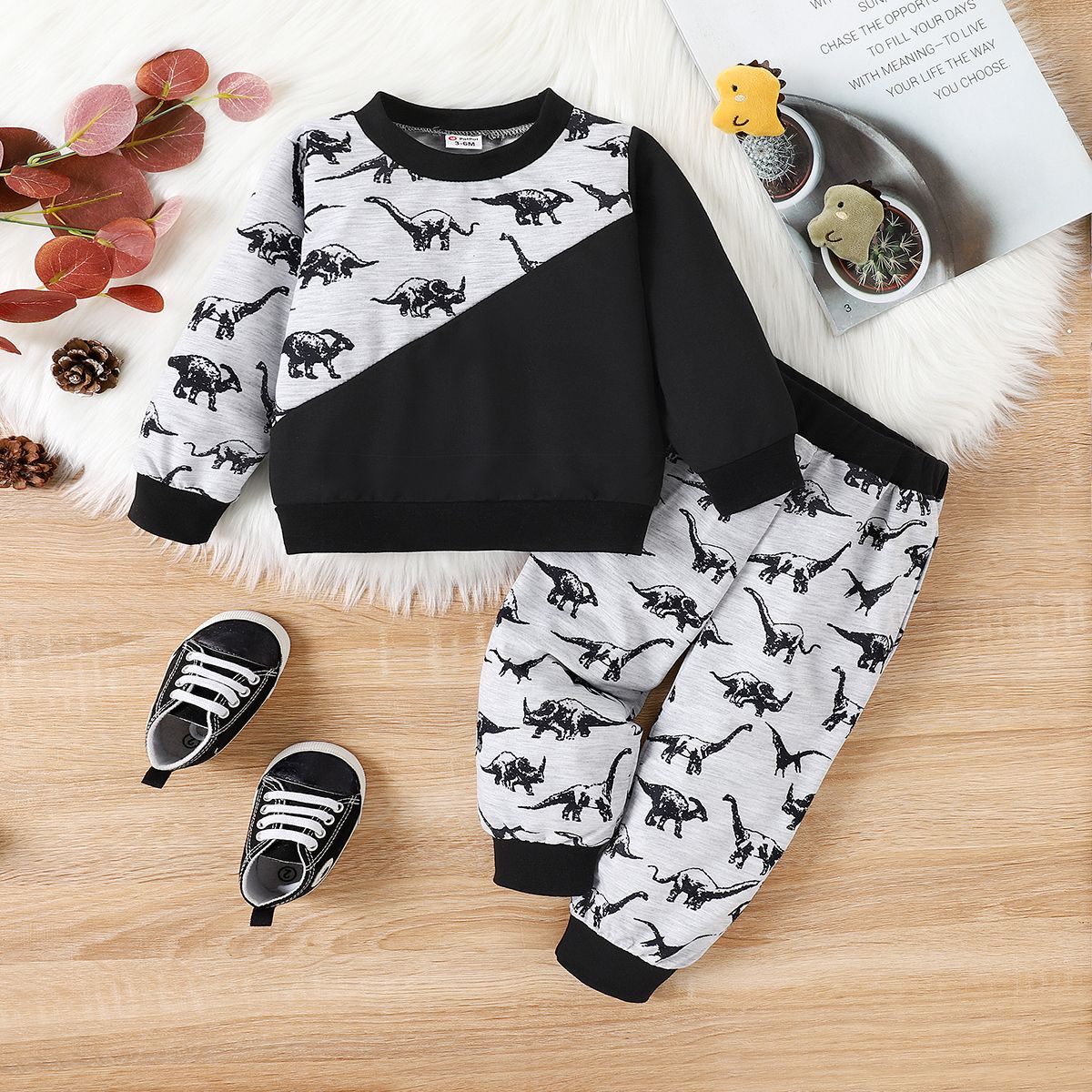 

2pcs Baby Boy Dinosaur Print Long-sleeve Sweatshirt and Pants Set