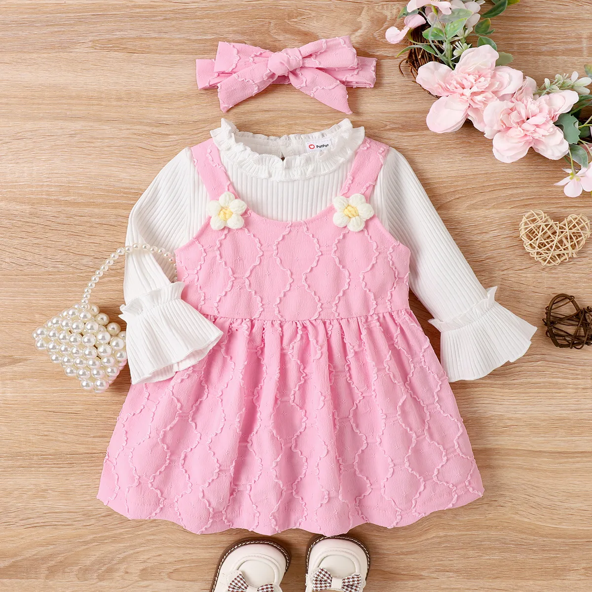 3pcs Baby Girl Sweet Hanging Strap and Little Daisy Pattern Longsleeve Dress Set  big image 1