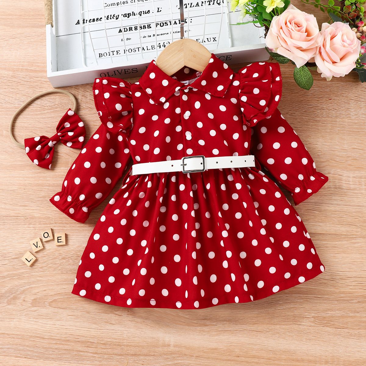 

2pcs Baby Girl Polka Dot Belt Dress