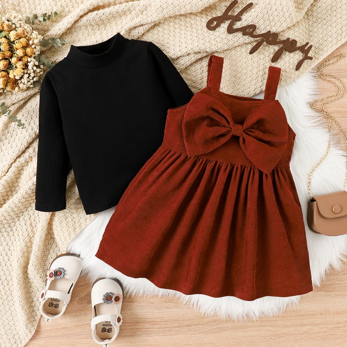 2PCS Toddler Girl Solid Color Sweet  Long Sleeve Dress Set  image 2