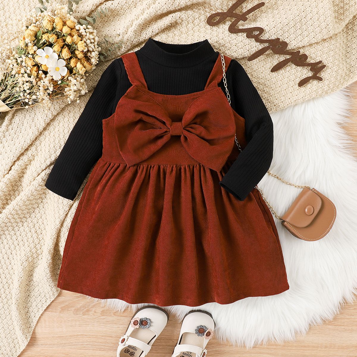 2PCS Toddler Girl Solid Color Sweet  Long Sleeve Dress Set