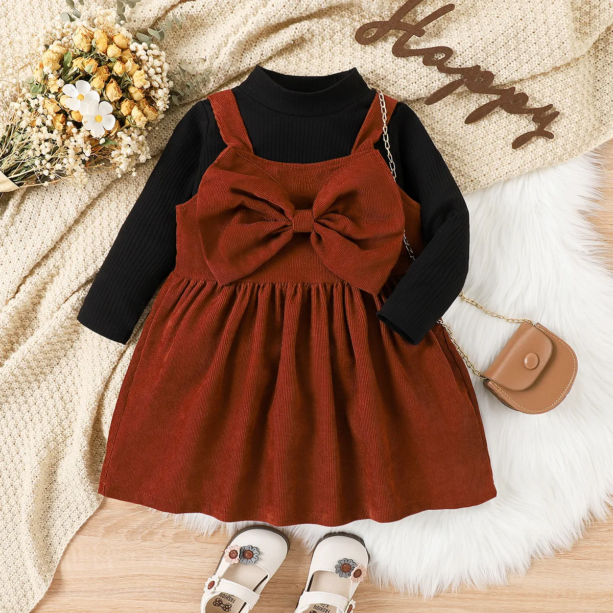 2PCS Toddler Girl Solid Color Sweet  Long Sleeve Dress Set  big image 1