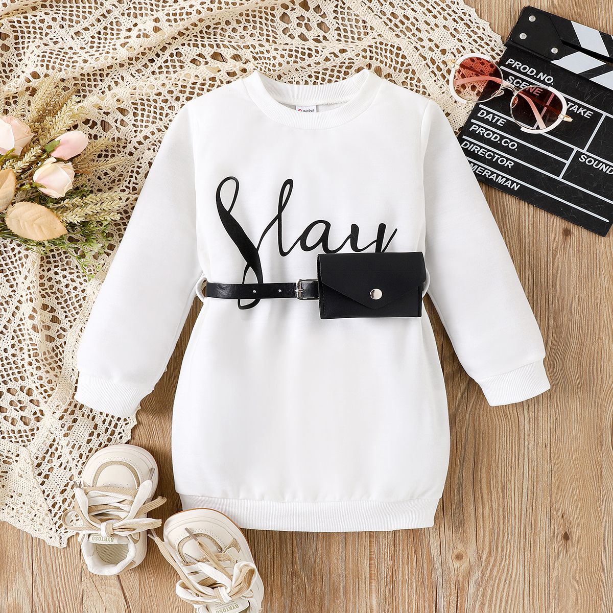 

2pcs Toddler Girl Letter Print Sweatshirt Dress with Belt Bag