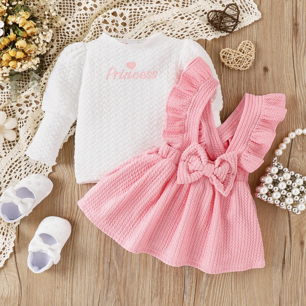 2pcs Baby Girl Sweet Ruffle Edge Long Sleeve Dresses Set   image 2