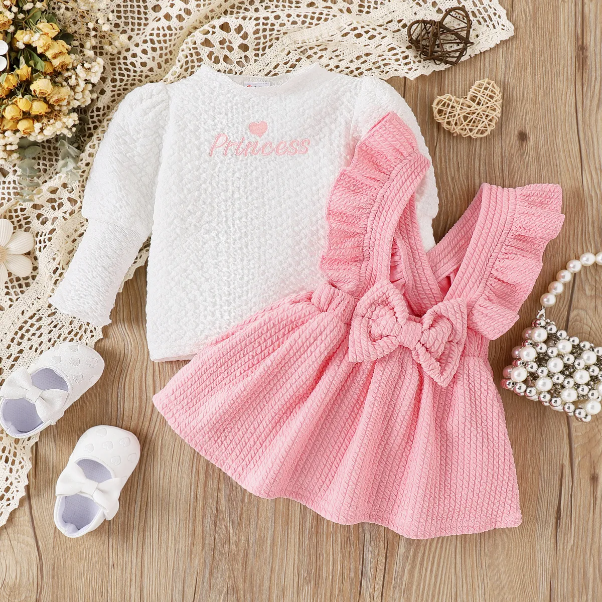 2pcs Baby Girl Sweet Ruffle Edge Long Sleeve Dresses Set  Pink big image 1