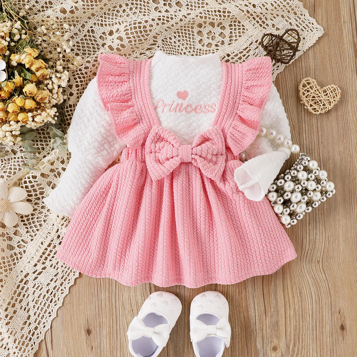 2pcs Baby Girl Sweet Ruffle Edge Long Sleeve Dresses Set   big image 1