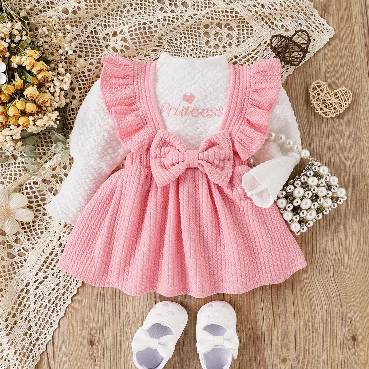2pcs Baby Girl Sweet Ruffle Edge Long Sleeve Dresses Set  Pink big image 1